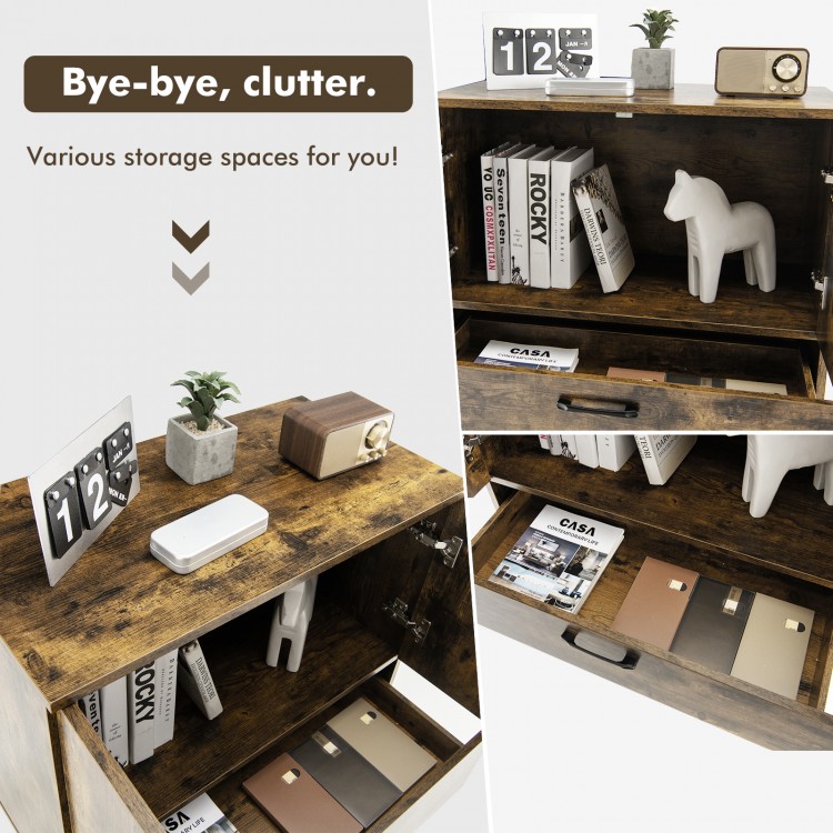 Mid-century storage cabinet in rustic brown with 2 doors and 1 pull-out drawer, ideal for living room organization.